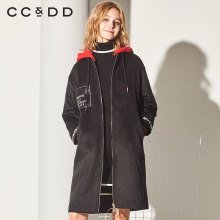 CCDD2018冬装新品专柜正品时尚韩版系带连帽深色长款毛呢大衣潮图片