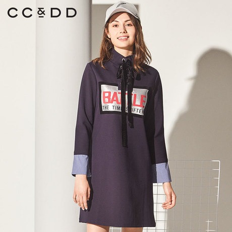 CCDD2018冬装新品专柜正品时尚修身系带立领中长款卫衣女套头上衣商品大图
