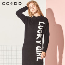 CCDD2018冬装新品专柜正品时尚舒适字母圆领套头长款针织衫女上衣图片