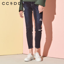 CCDD2018冬装新品专柜正品时尚印花中腰深色牛仔裤女显瘦铅笔裤图片