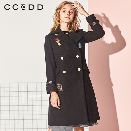 CCDD2018冬装新品专柜正品时尚韩版修身中长款毛呢大衣女个性外套商品大图