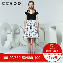 CCDD2018夏装新品专柜正品修身显瘦露肩一字领印花短袖连衣裙女潮图片