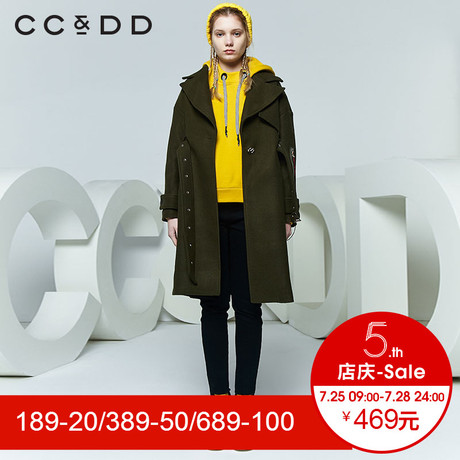 CCDD2018春装新品专柜正品休闲韩版字母飘带毛呢大衣女中长款外套商品大图