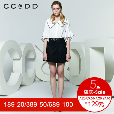 CCDD2018夏装新品专柜正品时尚大方领荷叶边短袖衬衫女白色上衣潮商品大图