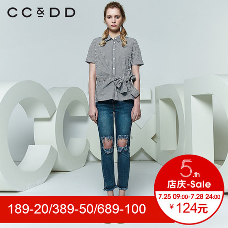 CCDD2018夏装新品专柜正品条纹绣花腰间系带短袖衬衫女韩版上衣潮商品大图