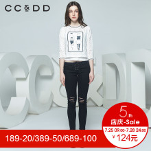 CCDD春装新品专柜正品罗纹圆领印花短款长袖 套头衫女蕾丝衫图片