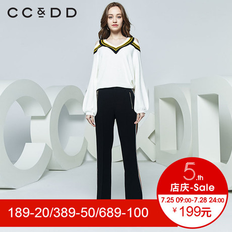 CCDD2018秋装新品专柜正品时尚性感V领露肩毛针织衫女长袖上衣商品大图