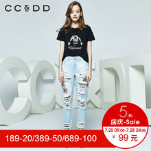 CCDD2018夏装新品专柜正品字母亮片印花圆领短袖T恤女黑色上衣潮图片