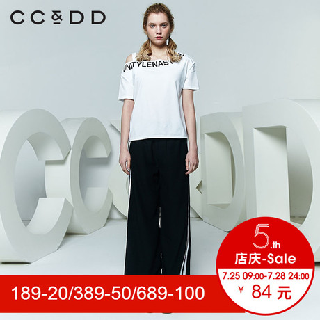 CCDD2018夏装新品专柜正品潮酷吊带露肩字母印花短袖T恤女打底衫商品大图
