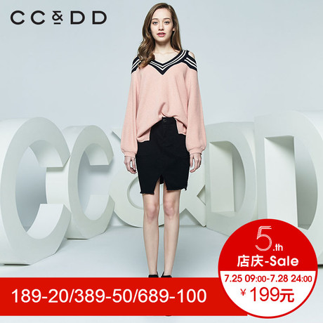 CCDD2018秋装新品专柜正品宽松时尚韩版漏肩V领针织衫女套头上衣商品大图