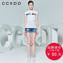 CCDD夏装新品专柜正品时尚休闲女白色印花拼接雪纺无袖衬衫潮图片