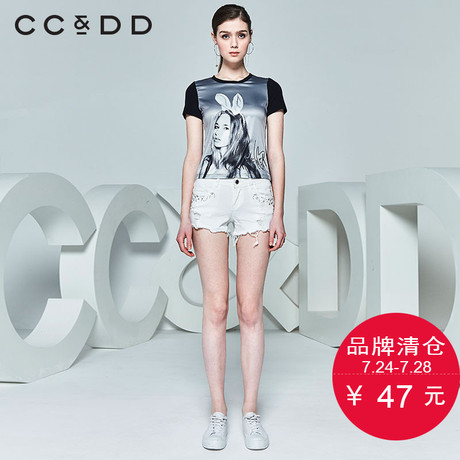 CCDD夏装新品专柜正品时尚女修身人物印花圆领短袖T恤黑色潮商品大图