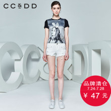 CCDD夏装新品专柜正品时尚女修身人物印花圆领短袖T恤黑色潮图片
