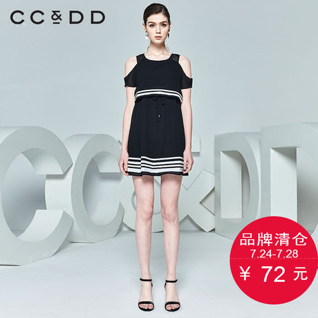 CCDD夏装新品专柜正品时尚女中长圆领雪纺落肩无袖连衣裙黑色商品大图