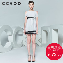 CCDD夏装新品专柜正品时尚女雪纺条纹圆领落肩无袖连衣裙白色图片