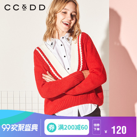 CCDD2018冬装新品专柜正品宽松时尚V领学院风针织衫螺纹收腰毛衣商品大图