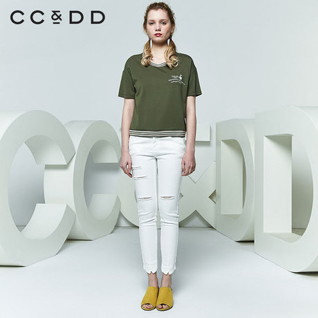 CCDD2018夏装新品专柜正品时尚休闲字母印花螺纹圆领短袖T恤女商品大图