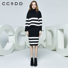 CCDD2018秋装新品专柜正品时尚修身高领套头条纹针织衫女长袖上衣图片