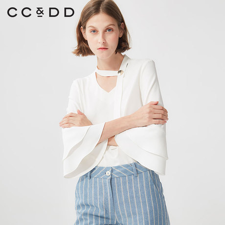 【商场同款】CCDD2018秋装新品V领喇叭袖雪纺衬衫白色时尚职业装商品大图