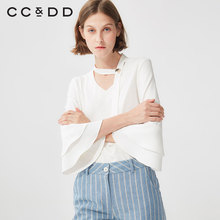 【商场同款】CCDD2018秋装新品V领喇叭袖雪纺衬衫白色时尚职业装图片