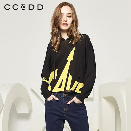 CCDD2018秋装新品专柜正品时尚薄款修身字母套头针织衫女系带上衣商品大图