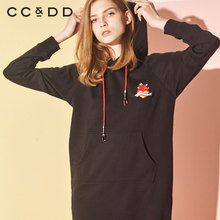 CCDD2018冬装新品专柜正品中长款时尚不对称系带贴布连帽卫衣黑色图片