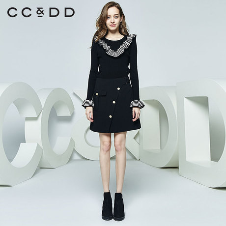 CCDD2018秋装新品专柜正品时尚修身显瘦喇叭袖套头针织衫女上衣潮商品大图
