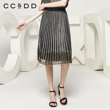 CCDD2018秋装新品专柜正品时尚中腰半透薄款半身裙女百褶裙大摆裙图片