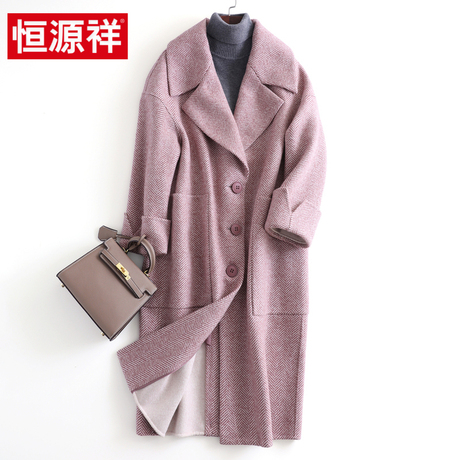 恒源祥宽松毛呢外套女长款过膝人字纹羊毛呢子大衣2018秋冬新款商品大图