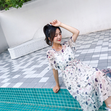 雪纺裙2018夏季新款 碎花连衣裙女韩版 小清新印花裙收腰显瘦中长款