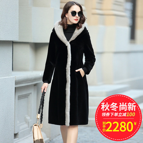 2018冬季新款女装海宁羊剪绒水貂皮草连帽大衣中长羊毛羊羔毛外套商品大图