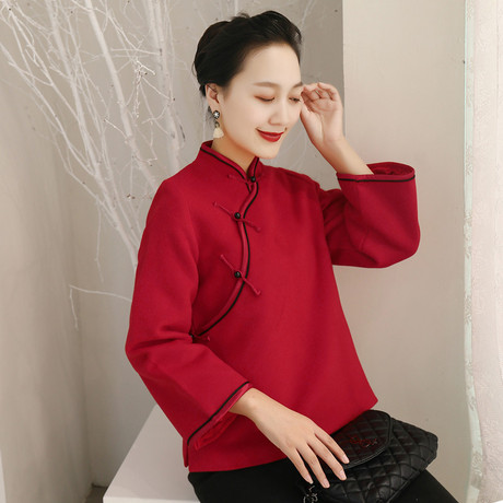 2018秋冬唐装女中国风毛呢旗袍上衣中式盘扣女装民国风复古外套商品大图
