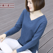 春秋新款长袖t恤韩版宽松外穿大码女装v领竹节棉打底衫早秋上衣图片
