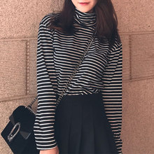 百搭学生黑白高领条纹长袖 t恤女上衣打底衫 秋冬季原宿风宽松韩版