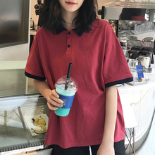 韩版 情侣T恤 港味chic撞色翻领上衣宽松百搭拼色短袖 女装 夏季新款