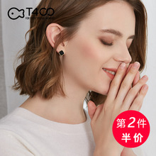 T400银耳钉女纯银气质韩国个性 耳环玫瑰金黑色玛瑙方形冷淡风耳饰