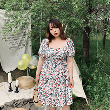 200斤 收腰显瘦棉质连衣裙 法式甜美樱桃泡泡袖 女装 小珠桃子大码