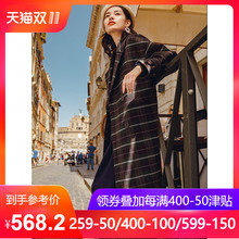 茵曼旗舰店2018秋装新款复古西装翻领格纹中长款毛呢外套女呢大衣图片