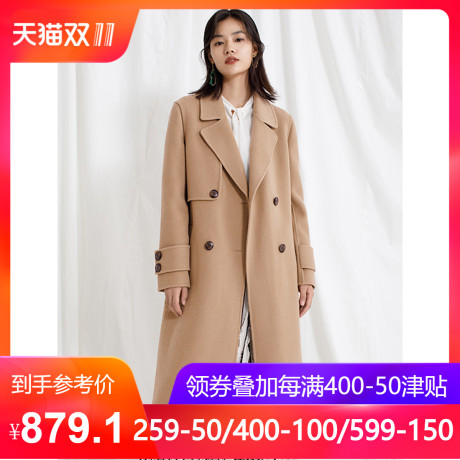 茵曼2018秋冬装新款纯羊毛卡其色港味双排扣长款双面呢子大衣外套商品大图