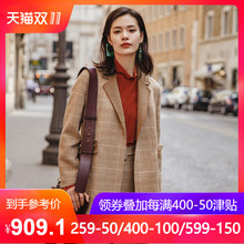 茵曼2018秋冬装新款撞色翻领短款格子西装双面呢羊毛毛呢外套大衣图片