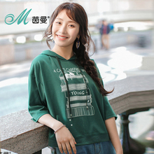 茵曼2018秋装新款文艺连帽宽松休闲印花七分落肩袖套头卫衣女上衣图片