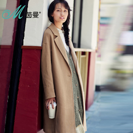 茵曼旗舰店2018秋装新款翻驳领净色中长款落肩袖毛呢外套女呢大衣商品大图