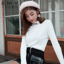 卡玛娅秋冬韩版弹力打底衫女刺绣半高领针织衫长袖上衣修身毛衣潮图片