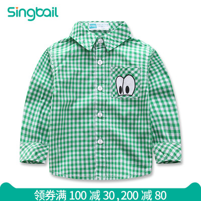 singbail心倍爱2018新秋装儿童装韩版男童翻领格子衬衫潮宝宝春秋