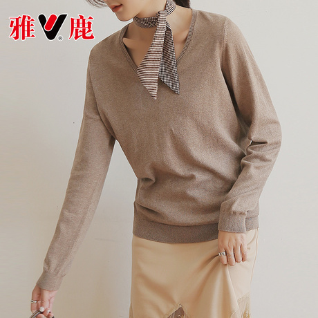 yaloo/雅鹿2018新品韩范纯棉毛衣女套头针织衫纯色V领长袖上衣商品大图