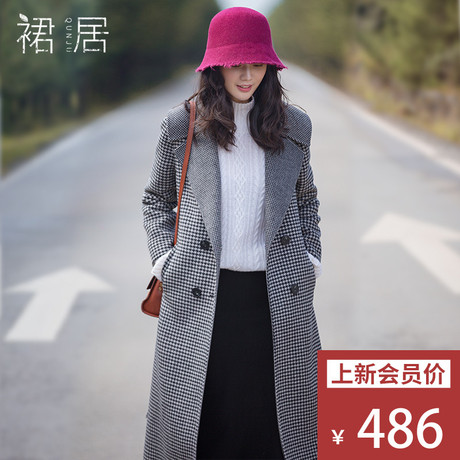 裙居格子毛呢外套女中长款秋冬新款2018宽松羊毛呢子大衣女风衣商品大图