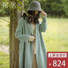 裙居青灰色毛呢外套女中长款秋冬新款2018风衣宽松羊毛呢子大衣女图片