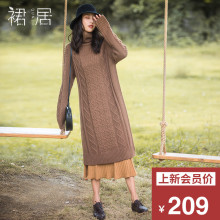 裙居高领针织连衣裙女套头中长款秋冬装2018新款宽松打底裙长裙子图片