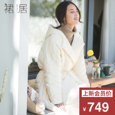 裙居米色轻薄羽绒服女中长款2018冬装新款宽松白鸭绒上衣外套商品大图