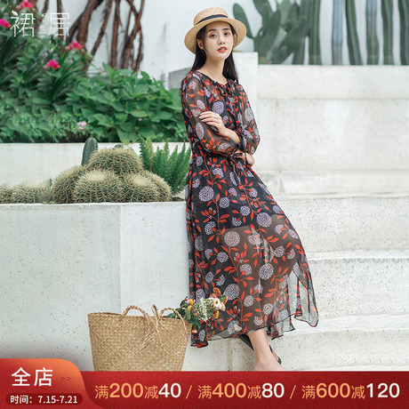 裙居女装夏季2019新款流行裙子真丝收腰显瘦气质桑蚕丝碎花连衣裙商品大图